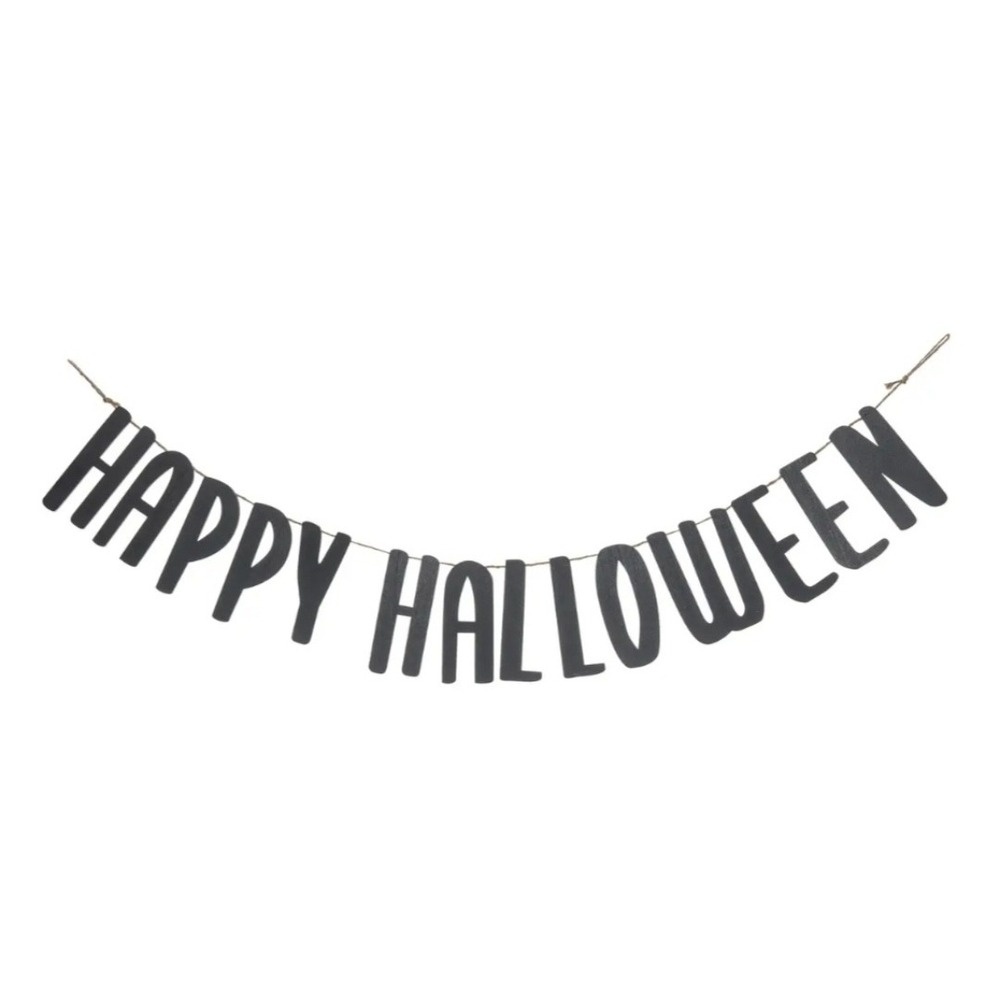 Black Wood Happy Halloween Banner Garland Jute String Wall Decor Hanging Spooky